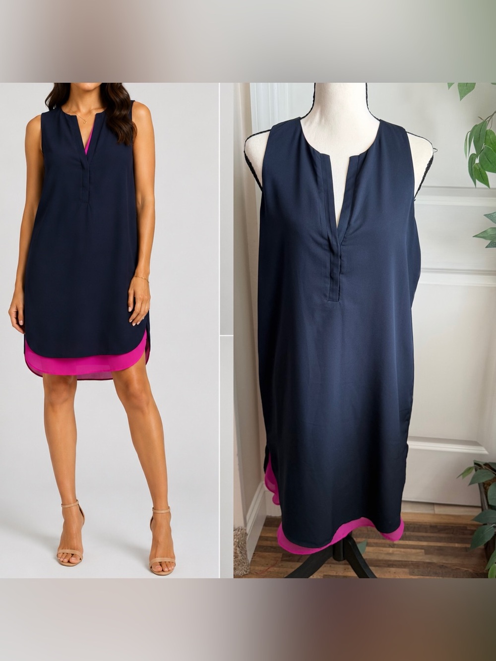 Banana Republic Factory Contrast Hem Sleeveless Shift Dress Black Pink Sz 8